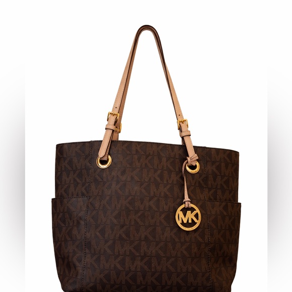 Michael Kors Handbags - Michael Kors Jet Set Travel Large Tote Brown MK Logo Beige